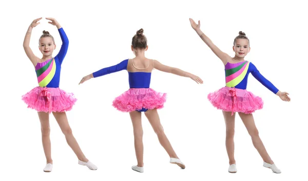 Collage Avec Des Photos Mignonne Petite Fille Dansant Sur Fond — Photo
