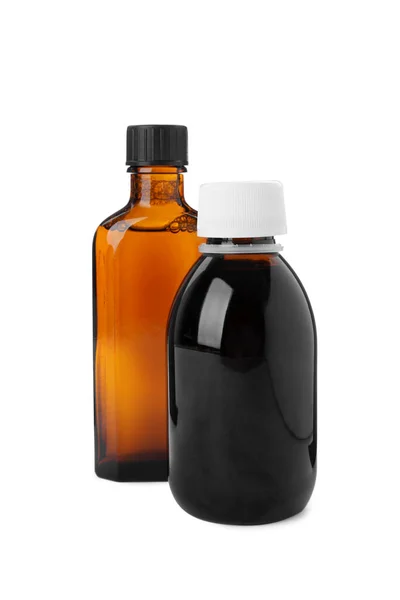Flaskor Sirap Vit Bakgrund Hosta Och Kall Medicin — Stockfoto