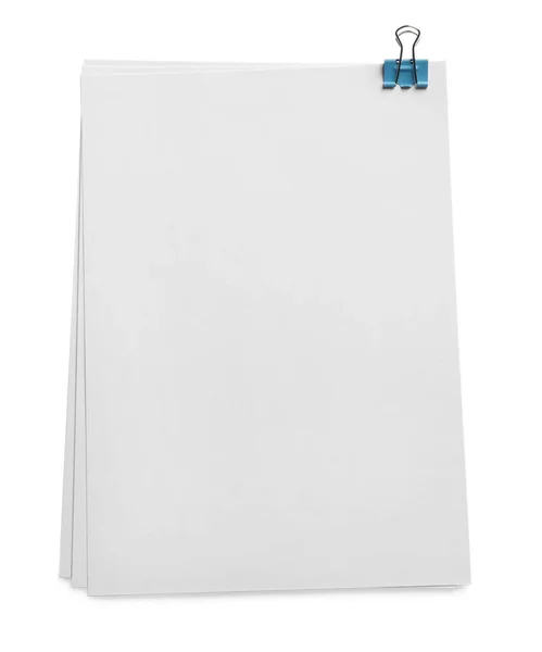 Blanco Vellen Papier Met Bindmiddelclip Witte Achtergrond Bovenaanzicht — Stockfoto