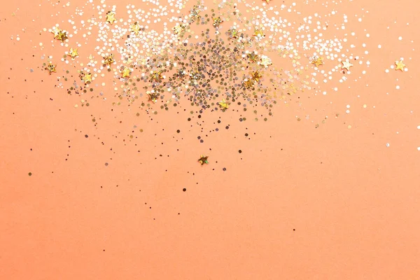 Shiny Bright Golden Glitter Pale Coral Background Flat Lay Space — Photo