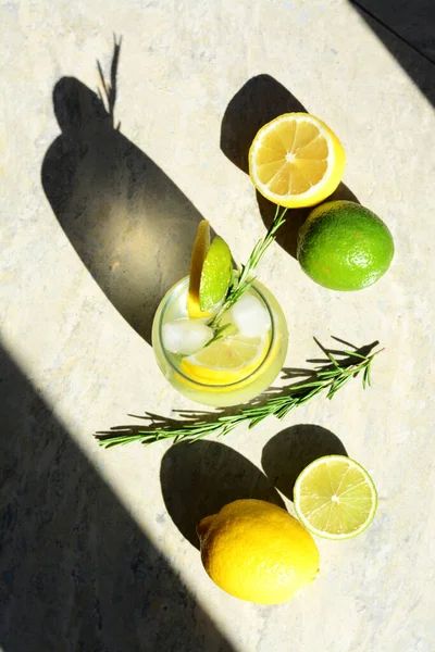 Tasty Refreshing Lemonade Ingredients Light Grey Table Flat Lay Summer — Stock Photo, Image
