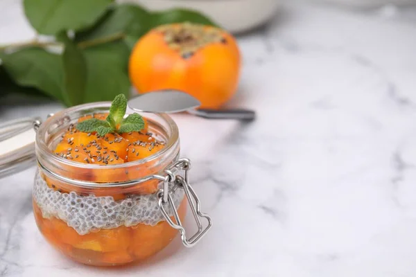 Delicious Dessert Persimmon Chia Seeds Table Space Text — Stock Photo, Image