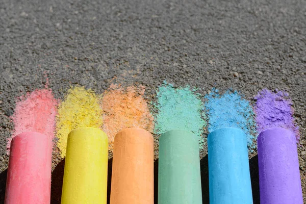 Colorful Chalk Sticks Asphalt Outdoors Closeup Space Text — Stock Photo, Image