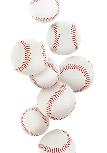 Muchas Bolas Béisbol Cayendo Sobre Fondo Blanco —  Fotos de Stock
