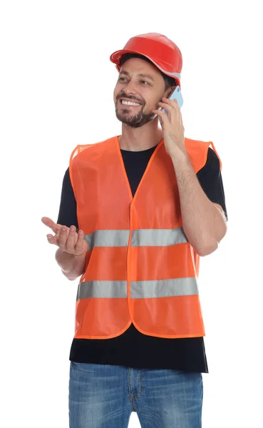 Férfi Ipari Mérnök Egyenruhában Beszél Telefonon Fehér Háttér — Stock Fotó