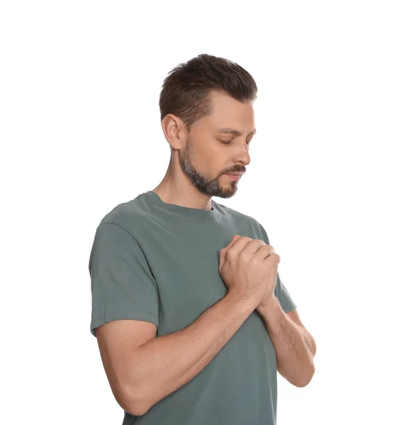 Άντρας Σφιγμένα Χέρια Προσεύχεται Λευκό Φόντο — Φωτογραφία Αρχείου