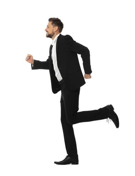 Handsome Bearded Businessman Suit Running White Background Royalty Free Stock Images