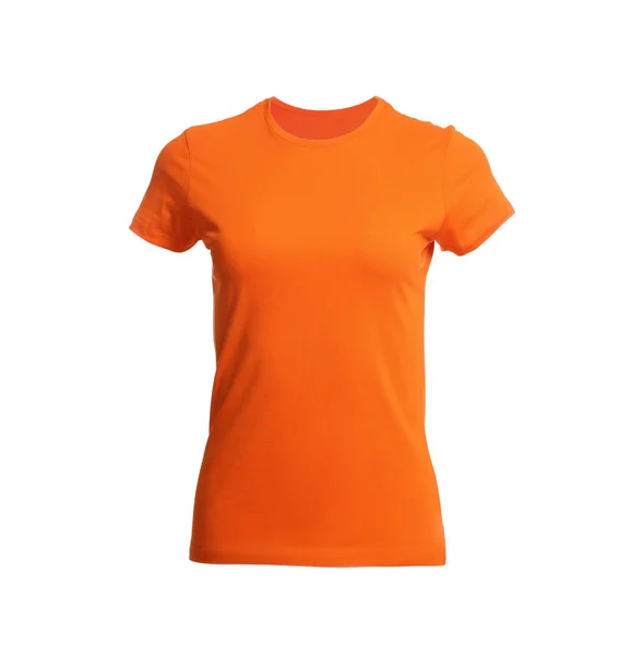 Stylowy Pomarańczowy Damski Shirt Odizolowany Biało Makieta Projektowania — Zdjęcie stockowe