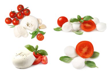 Lezzetli mozzarella, taze domates ve beyaz arka planda fesleğen.