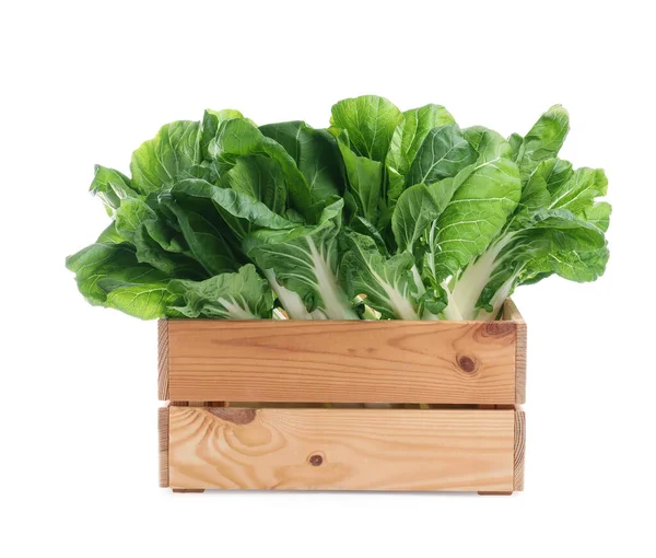 Fresh Green Pak Choy Cabbages Wooden Crate White Background — 图库照片