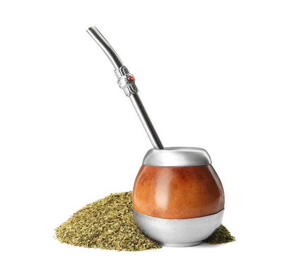 stock image Calabash with mate tea and bombilla on white background