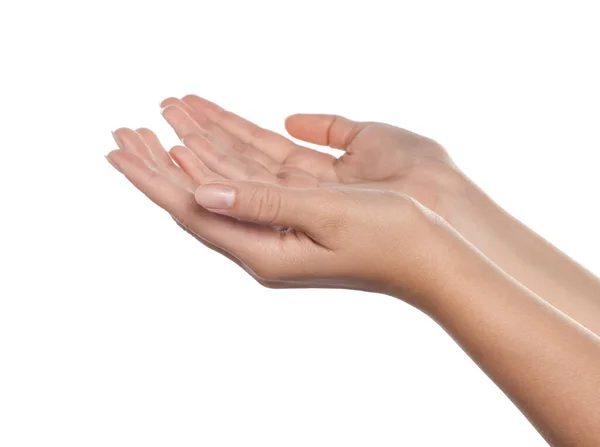 Frau Hält Ihre Hände Vor Weißem Hintergrund Nahaufnahme — Stockfoto