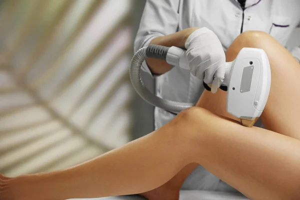 Woman Undergoing Laser Epilation Procedure Beauty Salon Closeup — Stockfoto