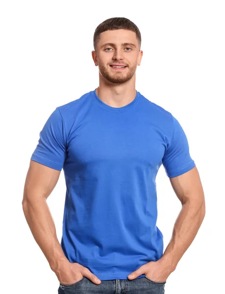 Homem Usando Camiseta Azul Fundo Branco Mockup Para Design — Fotografia de Stock