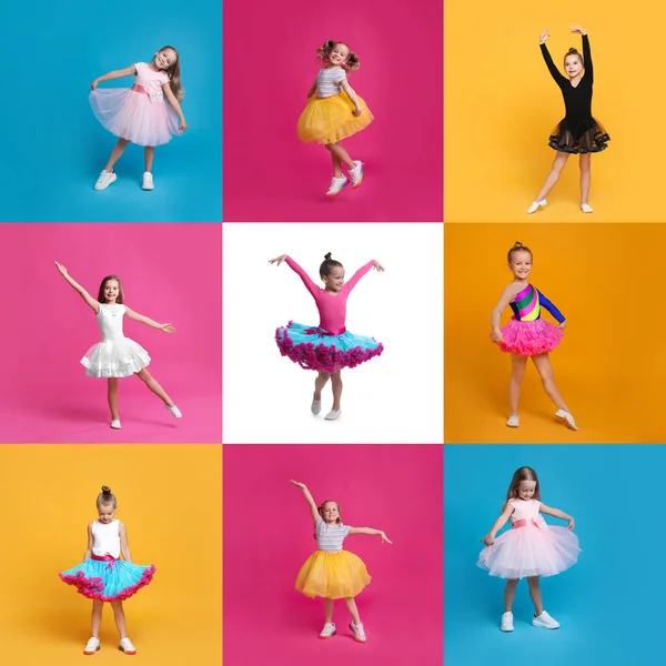 Kolaż Zdjęciami Uroczych Dziewczynek Tańczących Różnych Kolorach Tła — Zdjęcie stockowe