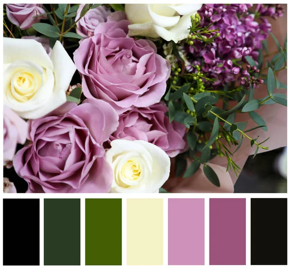 Vackra Fräscha Blommor Och Färgpalett Kollage — Stockfoto
