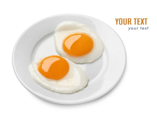 Plato Con Sabrosos Huevos Fritos Sobre Fondo Blanco Espacio Para — Foto de Stock