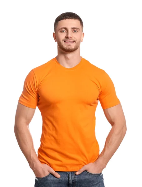 Homme Portant Shirt Orange Sur Fond Blanc Maquette Pour Design — Photo