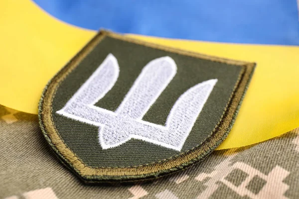 Patch Militare Bandiera Ucraina Pixel Camuffamento Primo Piano — Foto Stock