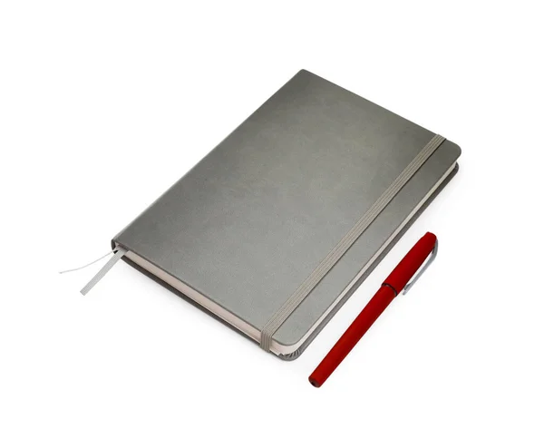 Closed Grey Notebook Pen Isolated White — Stock Photo, Image