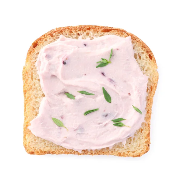 白で隔離されたクリームチーズとタイムのおいしいサンドイッチ トップビュー — ストック写真