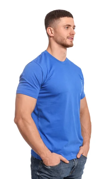 Mann Trägt Blaues Shirt Auf Weißem Hintergrund Mockup Für Design — Stockfoto