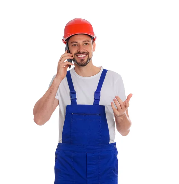 Professionele Reparateur Uniform Praten Telefoon Tegen Een Witte Achtergrond — Stockfoto