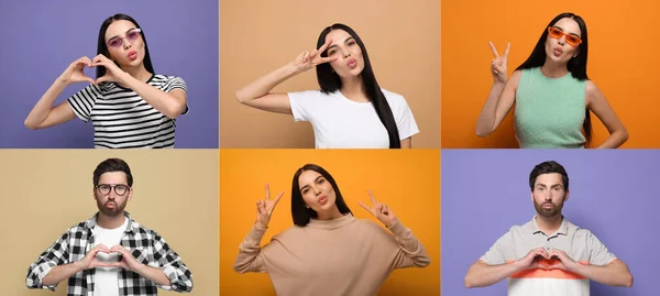 Collage Con Fotos Personas Soplando Besos Aire Diferentes Colores Fondo — Foto de Stock