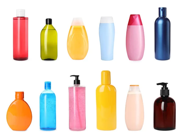 Set Different Bottles Shampoo White Background Banner Design — Stock Photo, Image