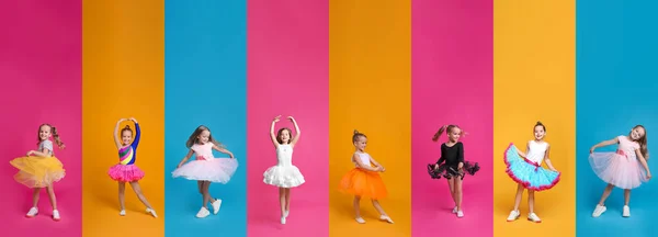 Koláž Fotkami Roztomilých Holčiček Tančících Různých Barevných Pozadích Návrh Nápisu — Stock fotografie