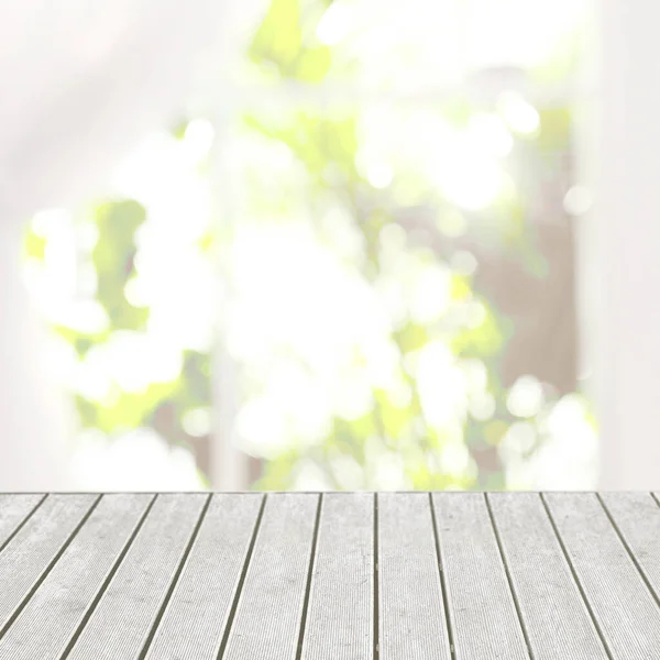 stock image Empty white wooden surface and blurred view of window