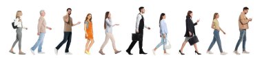 Collage with photos of people wearing stylish outfit walking on white background. Banner design clipart