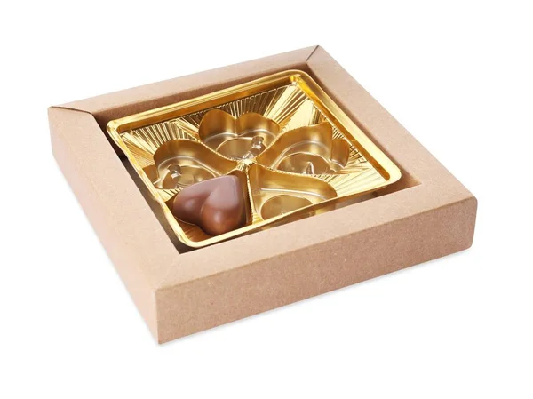 Caixa Parcialmente Vazia Doces Chocolate Isolado Branco — Fotografia de Stock