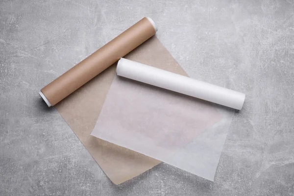 Rolls Baking Paper Light Grey Table Flat Lay — Stock Photo, Image