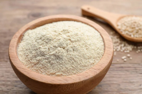Quinoa Flour Bowl Spoon Seeds Wooden Table Closeup — Stock Photo, Image