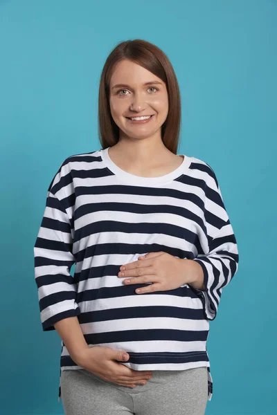 Happy Young Pregnant Woman Light Blue Background — Foto Stock