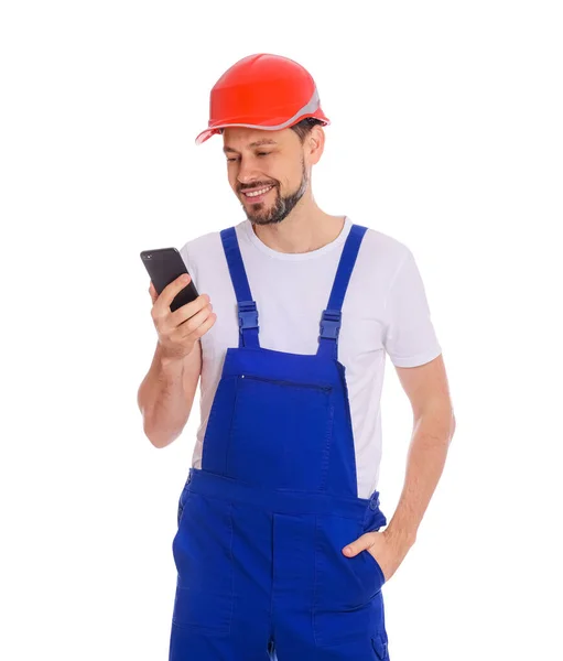 Professional Repairman Uniform Phone White Background — Stock Photo, Image