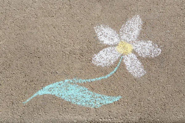 stock image Flower drawn with colorful chalks on asphalt outdoors, top view