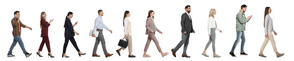 Colagem Com Fotos Pessoas Vestindo Roupas Elegantes Andando Sobre Fundo — Fotografia de Stock