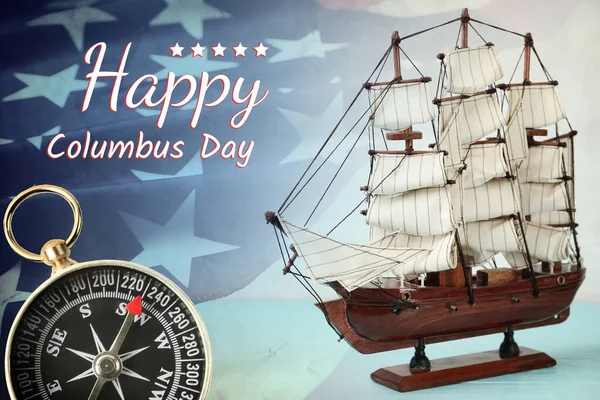 Днем Колумба Красивая Модель Корабля Компас Американский Флаг — стоковое фото