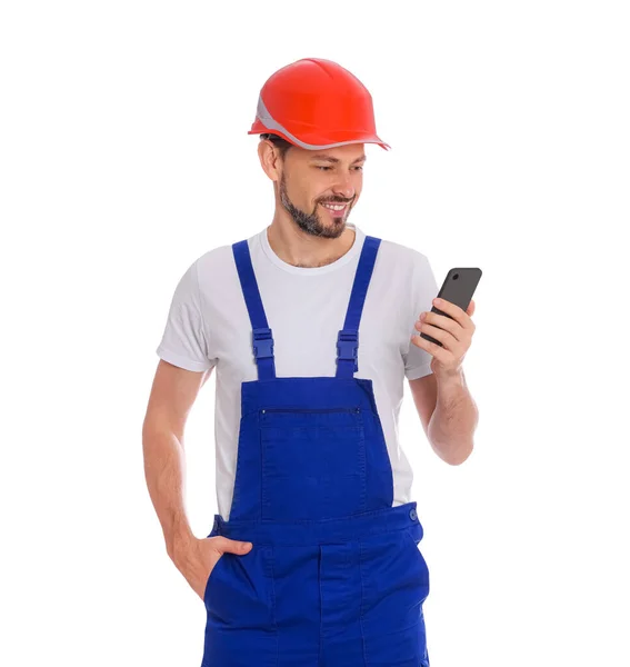 Professionelle Reparaturfirma Uniform Mit Telefon Auf Weißem Hintergrund — Stockfoto