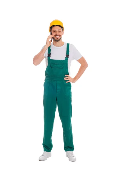Profesionální Opravář Uniformě Mluvit Telefonu Bílém Pozadí — Stock fotografie