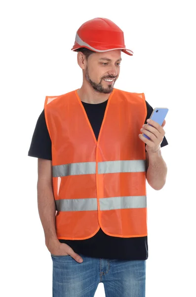 Férfi Ipari Mérnök Egyenruhában Telefon Fehér Háttér — Stock Fotó