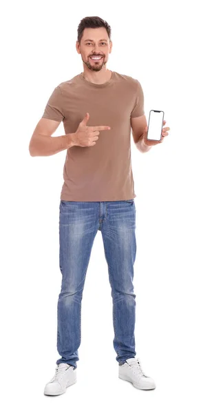 Happy Man Phone White Background — Zdjęcie stockowe