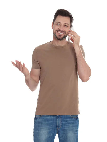 Mężczyzna Rozmawia Telefon Białym Tle — Zdjęcie stockowe