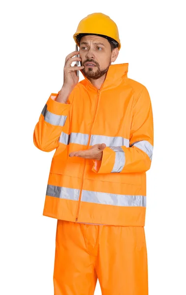 Man Reflective Uniform Talking Phone White Background — Stock Photo, Image