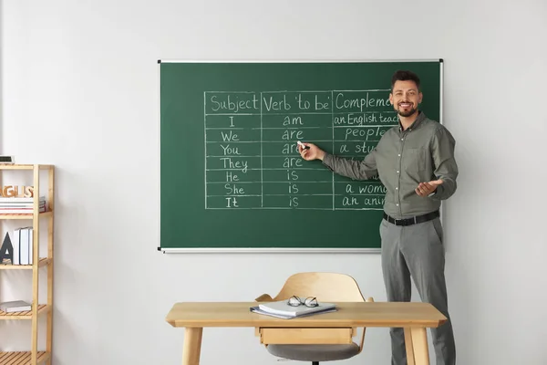 Professeur Heureux Expliquant Anglais Tableau Noir Classe — Photo