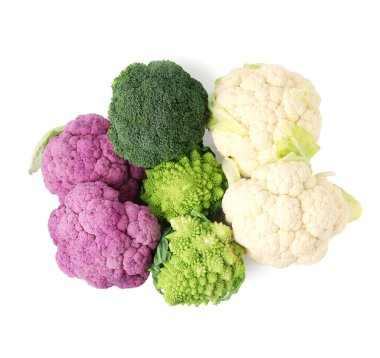 Different fresh cabbages on white background, top view clipart