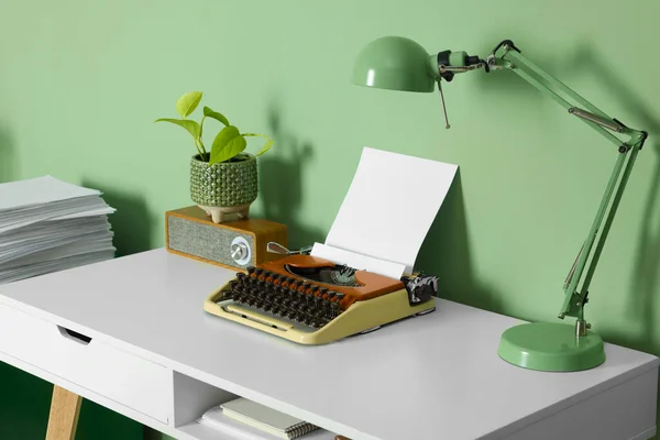 Writer Workplace Typewriter Wooden Desk Pale Green Wall Room — Foto Stock