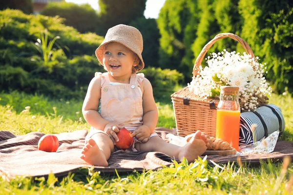 Bahçede Piknik Battaniyesinde Nektarin Taşıyan Tatlı Küçük Kız — Stok fotoğraf
